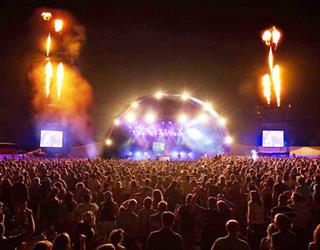Pennfest 2016 stage at night with fireworks ()