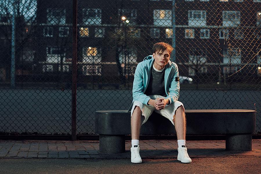 FS Magazine spring outwear fashion shoot. Blue Stone Island jacket at Flannels ()