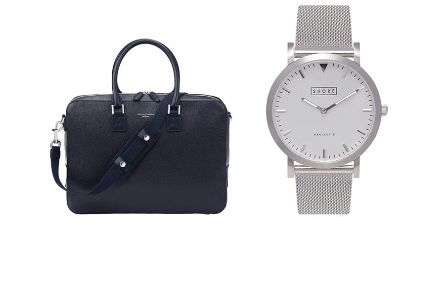 Silver metal watch shore, Blue leather bag Aspinall of London ()