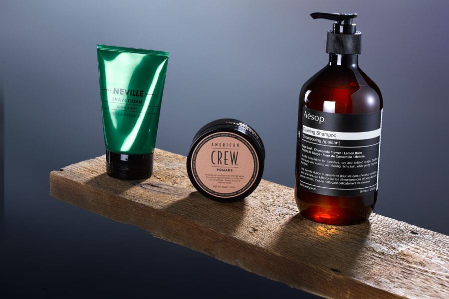 Neville shave cream, American Crew Pomade, Aesop shampoo ()