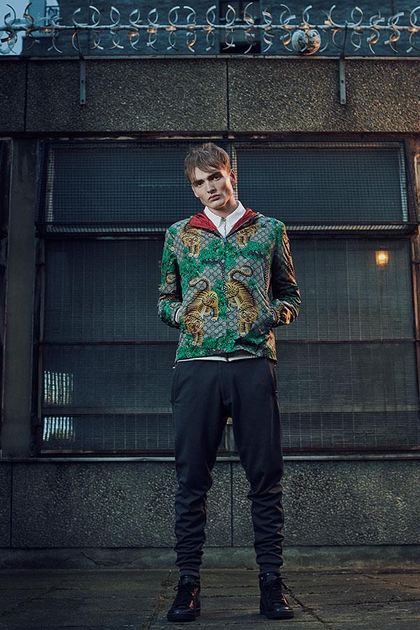 FS Magazine spring outwear fashion shoot. Tiger Gucci jacket at Flannels ()