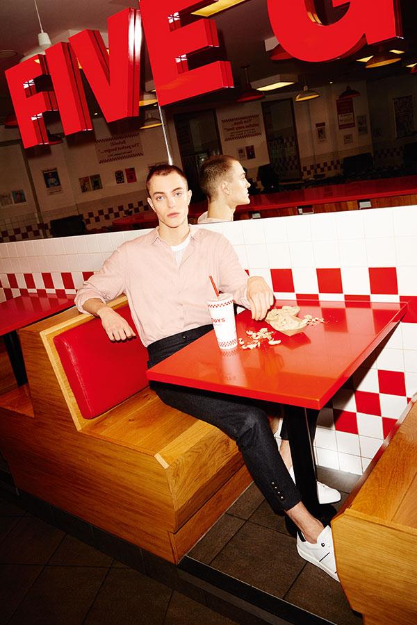 Two guys at Five Guys FS magazine style shoot. Oskari wearing Moncler Gamme Bleu ()