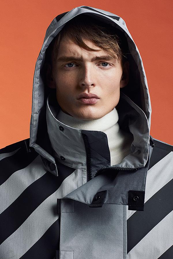 FS Magazine spring outwear fashion shoot. Moncler x Off White raincoat at Flannels ()